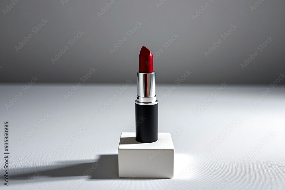 Professional mockup product photography of a red lipstick standing on a white paper block Professional mockup product photography of a red lipstick standing on a white paper block