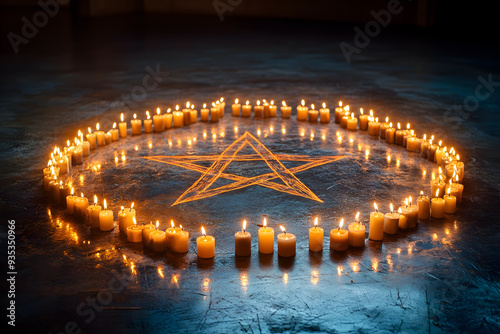 Candles form a pentagram on a wooden floor, warm flickering lights casting soft shadows, creating an atmosphere of mystique and spiritual energy.