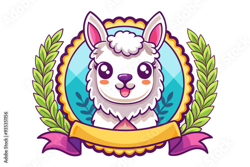 Cute Cartoon Alpaca with a Yellow Banner in a Green Wreath