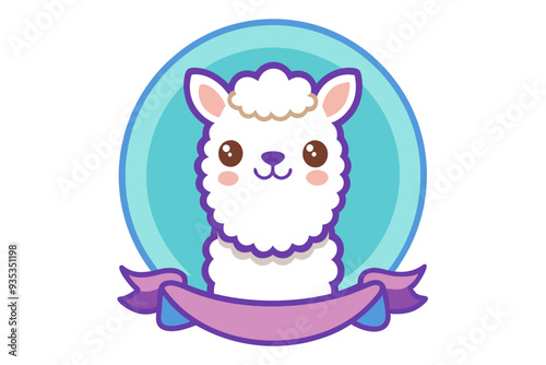 Cute Cartoon Alpaca with Purple Ribbon in a Blue Circle