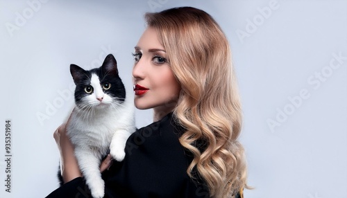 beautiful woman black dress white cat, AI generated