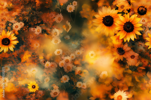 Seamless pattern featuring sunflowers and daisies in a soft, dreamy aesthetic with a blend of orange, yellow, and white flowers fading into a blurred background.