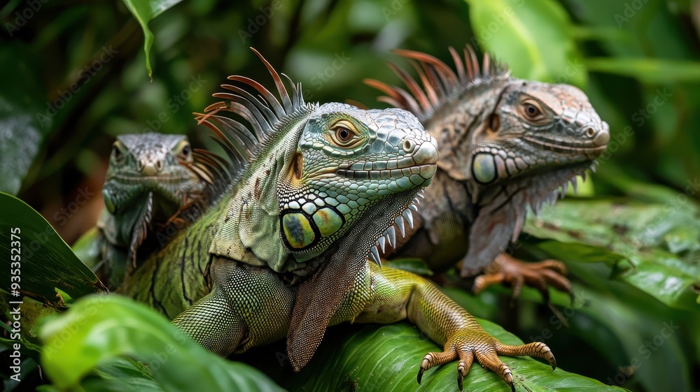 Obraz premium A vibrant iguana perched among lush green foliage, showcasing its colorful scales and intricate features in a natural habitat.