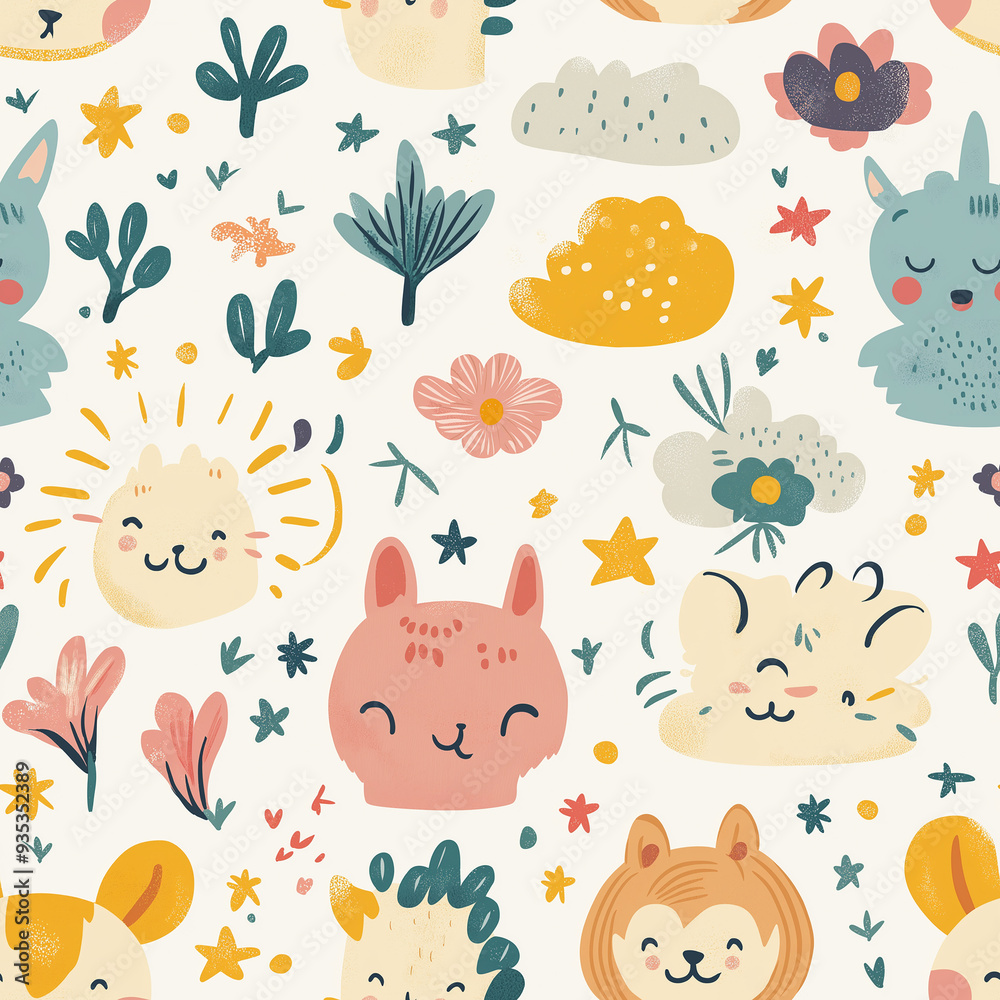 Playful seamless pattern with various cute animal faces, stars, flowers, and plants in pastel colors on a light background, evoking a fun and cheerful mood. Playful seamless pattern with various cute animal faces, stars, flowers, and plants in pastel colors on a light background, evoking a fun and cheerful mood.