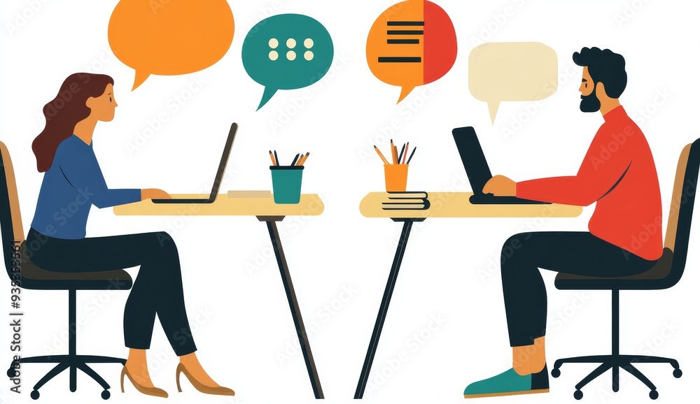 There is a picture of two people talking on the phone with one holding an application form, and the other with a speech bubble above them on their laptop. There is a picture of two people talking on the phone with one holding an application form, and the other with a speech bubble above them on their laptop.