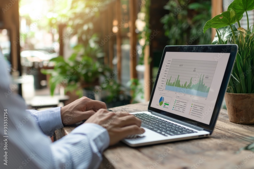 A small business owner evaluates their business performance using metrics and key performance indicators. The office A small business owner evaluates their business performance using metrics and key performance indicators. The office
