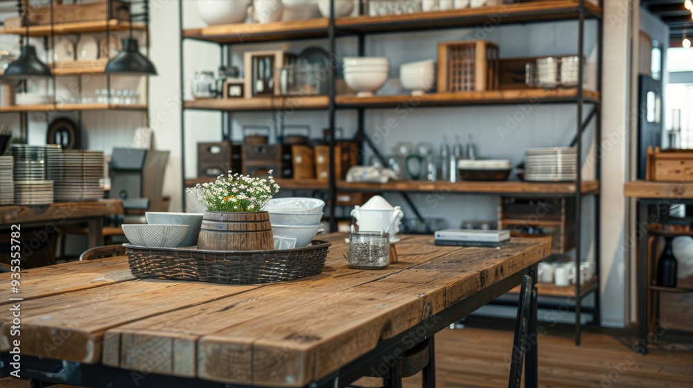 Rustic-style kitchen featuring a wooden table with a vase of flowers and dishes, surrounded by shelves filled with kitchenware Rustic-style kitchen featuring a wooden table with a vase of flowers and dishes, surrounded by shelves filled with kitchenware