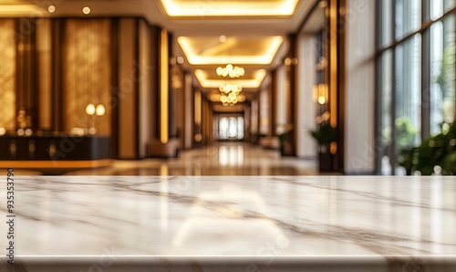 A long hallway with a marble countertop in the middle