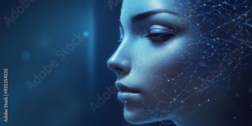 Digital illustration of woman's face on deep blue background wit