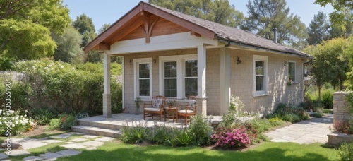 Charming small house with porch  beige exterior  white trim  gar