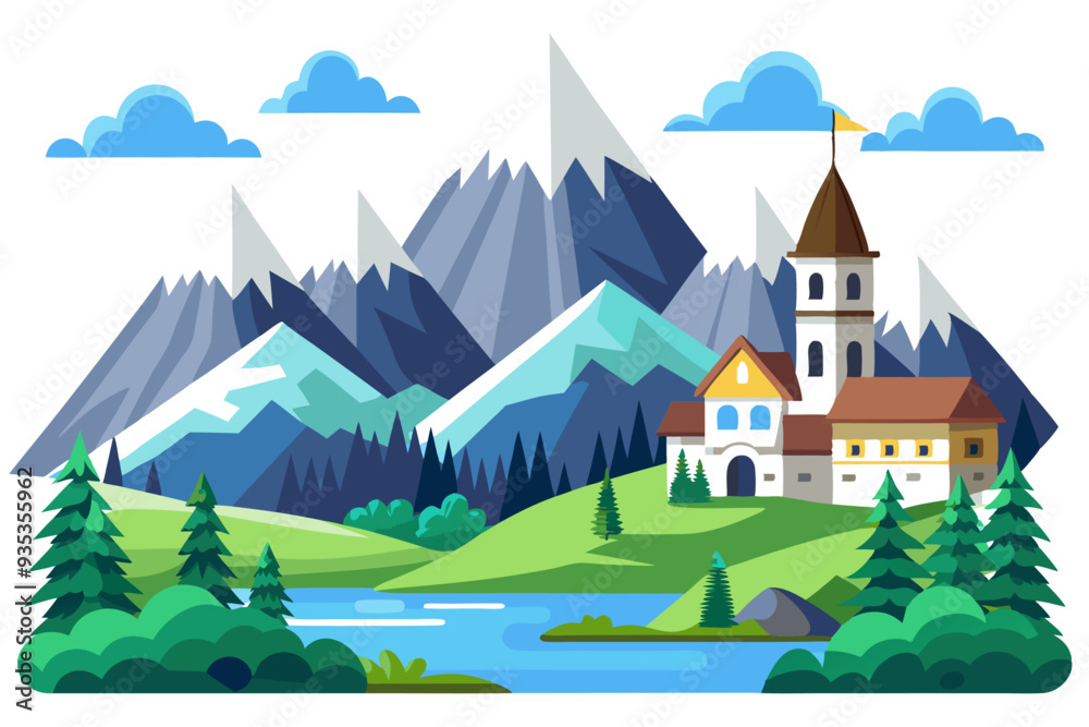 A mountain village with a lake and a church