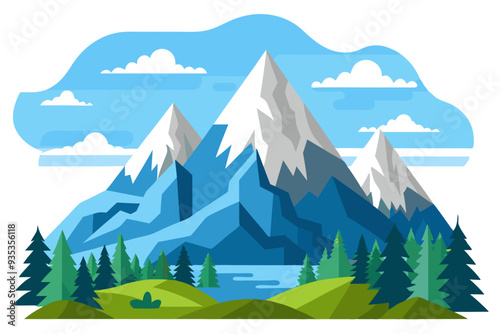 Mountain Range Landscape with Snow-capped Peaks, Forest, and Lake