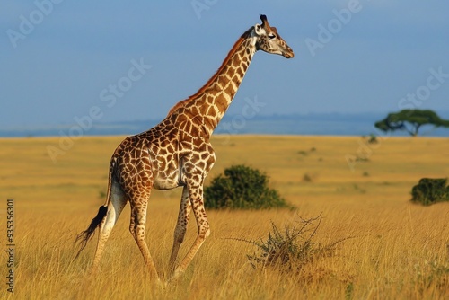 Giraffe walking across the savannah at dusk  its long neck and graceful posture highlighted by the golden light. ai