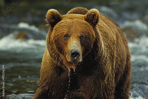 Brown bear stands in a river, staring directly at the camera with water dripping from its fur, showcasing its strength in the wild. ai