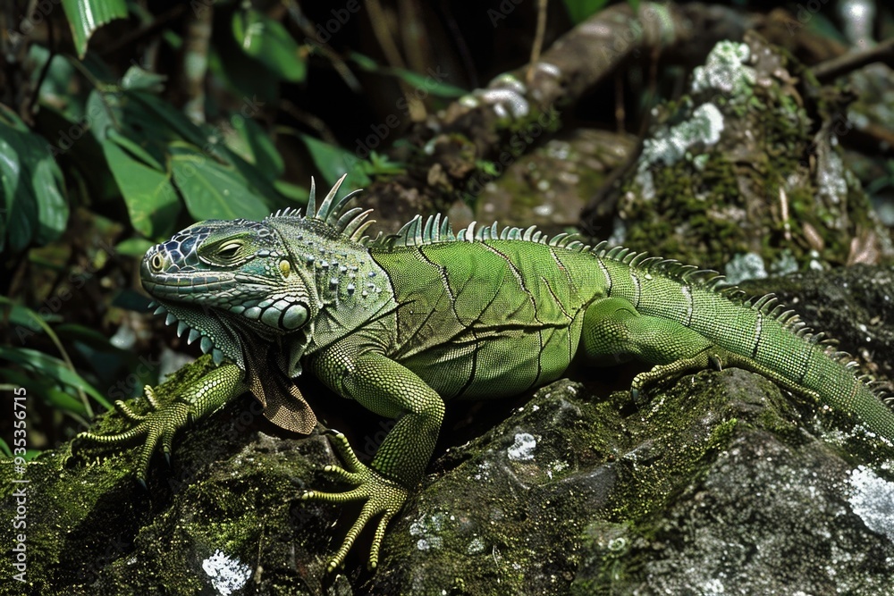 Green iguana perched on a mossy rock, displaying its vibrant scales and blending into the forest environment. ai Green iguana perched on a mossy rock, displaying its vibrant scales and blending into the forest environment. ai