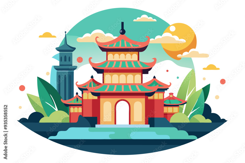 Obraz premium Traditional Chinese Architecture with Pagoda and Tower