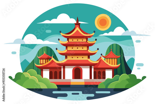 Red Pagoda With Golden Trims In A Tranquil Setting