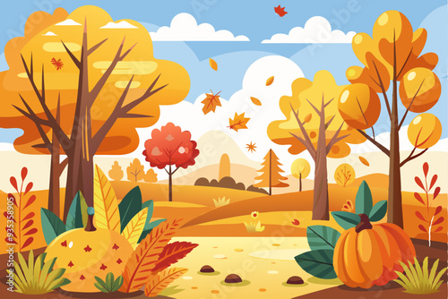 Autumnal Forest Scene with Pumpkins and Falling Leaves