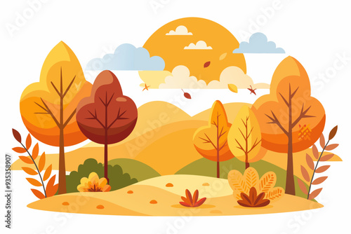 Autumn Landscape with Trees, Sun, and Clouds