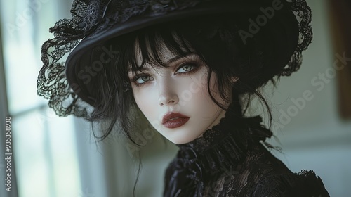  Creative costumes for a Gothicthemed Halloween 336 woman, hat, beauty, fashion, face, hair, glamour, black, model, lady, person, lips, make-up, people, vintage, style, witch, studio, one, red, cap,