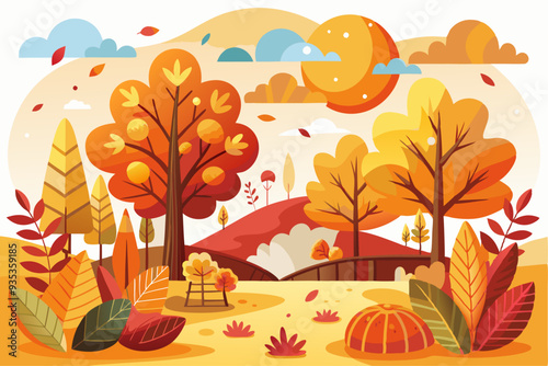 Autumnal Forest Scene with Trees, Leaves, and a Pumpkin