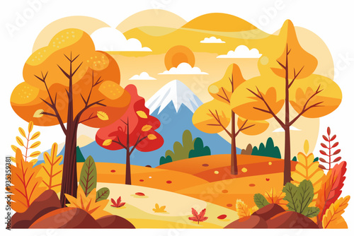 Autumnal Forest Scene with Mountain and Sun