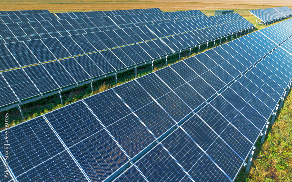 Field of solar panels generating sustainable energy under sun Field of solar panels generating sustainable energy under sun