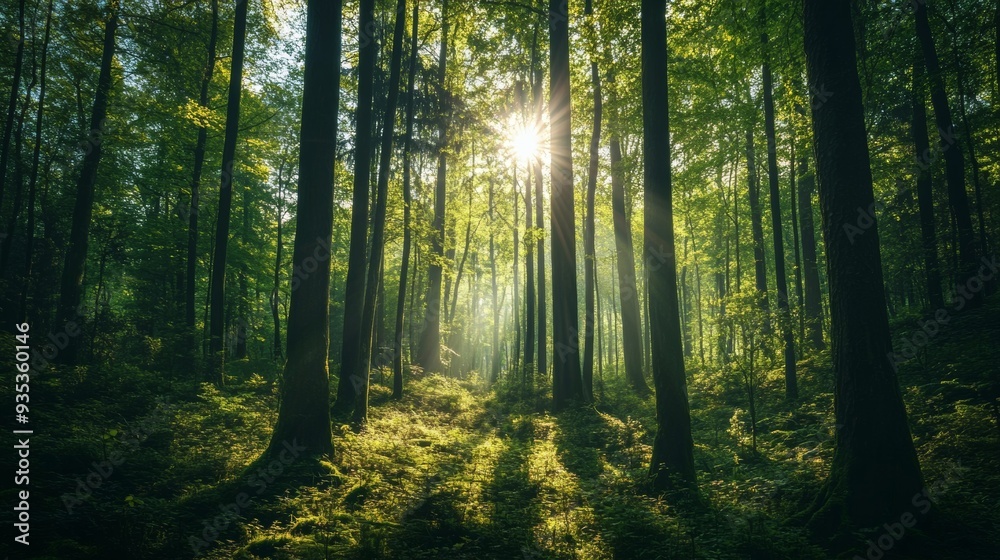 Fototapeta premium A beautiful panorama of green forest with tall trees and sunlight shining through the leaves.