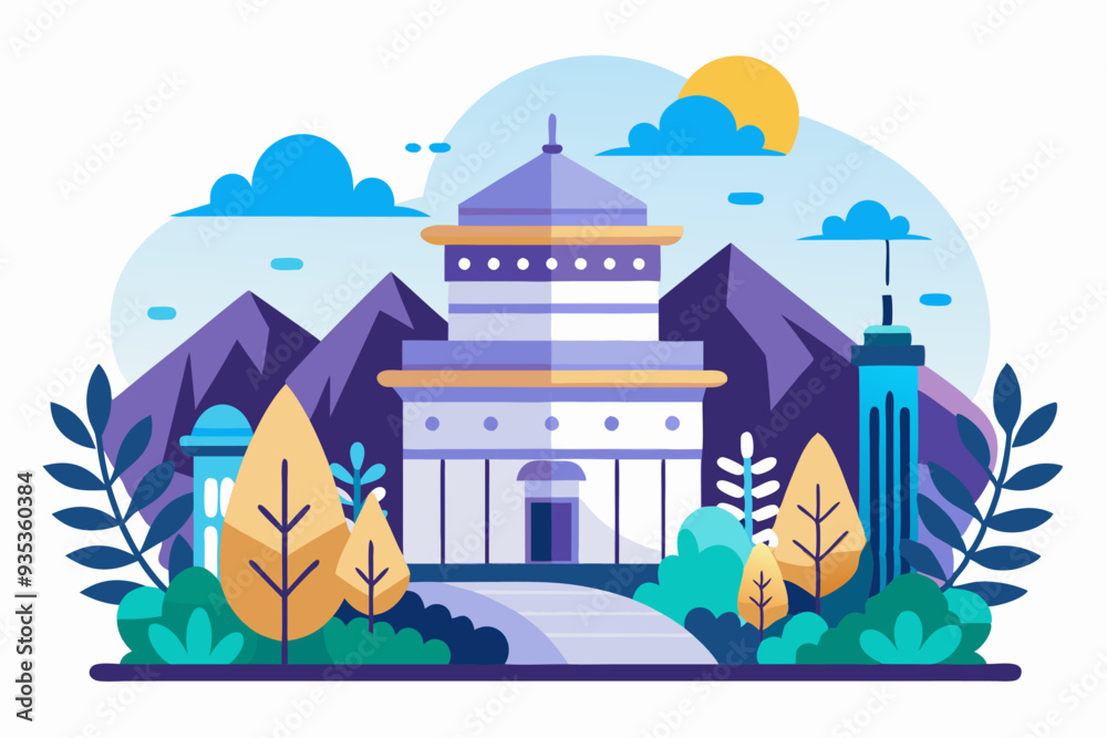 Fototapeta premium Cityscape with a Tall Building and a White Structure