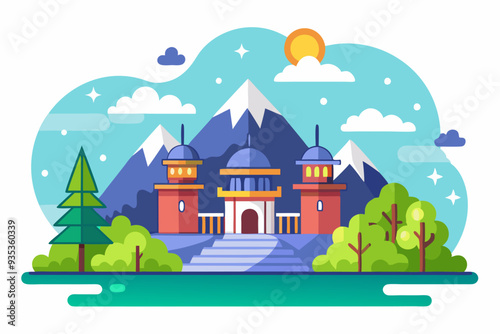 A Colorful Illustrated Landscape Featuring a Mountainous Setting with a Majestic Palace-Like Structure