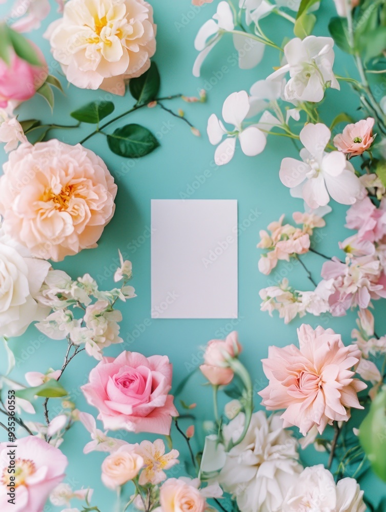 A blank card surrounded by an arrangement of colorful flowers on a teal background. A blank card surrounded by an arrangement of colorful flowers on a teal background.