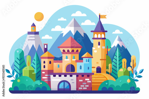 Colorful Cartoon Village with a Medieval Castle in a Mountainous Landscape
