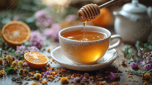 A cup of herbal tea with honey being poured over it, surrounded by dried herbs and fresh flowers on the table.