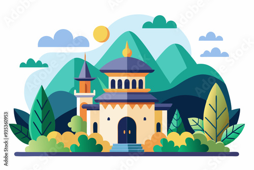 Mosque with minaret in a mountainous landscape with greenery