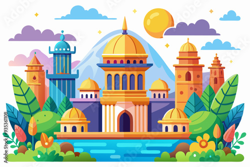 A Colorful Illustration of a City with Minarets and Lush Greenery