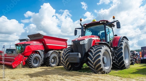 Red agricultural machinery on display at a farming expo under a cloudy sky