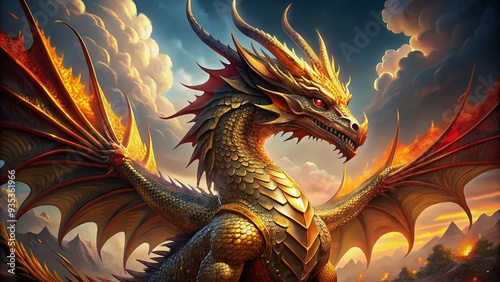 A magnificent dragon with scales shimmering in shades of gold and crimson, its fierce gaze and outstretched wings exuding power and mythical majesty. photo