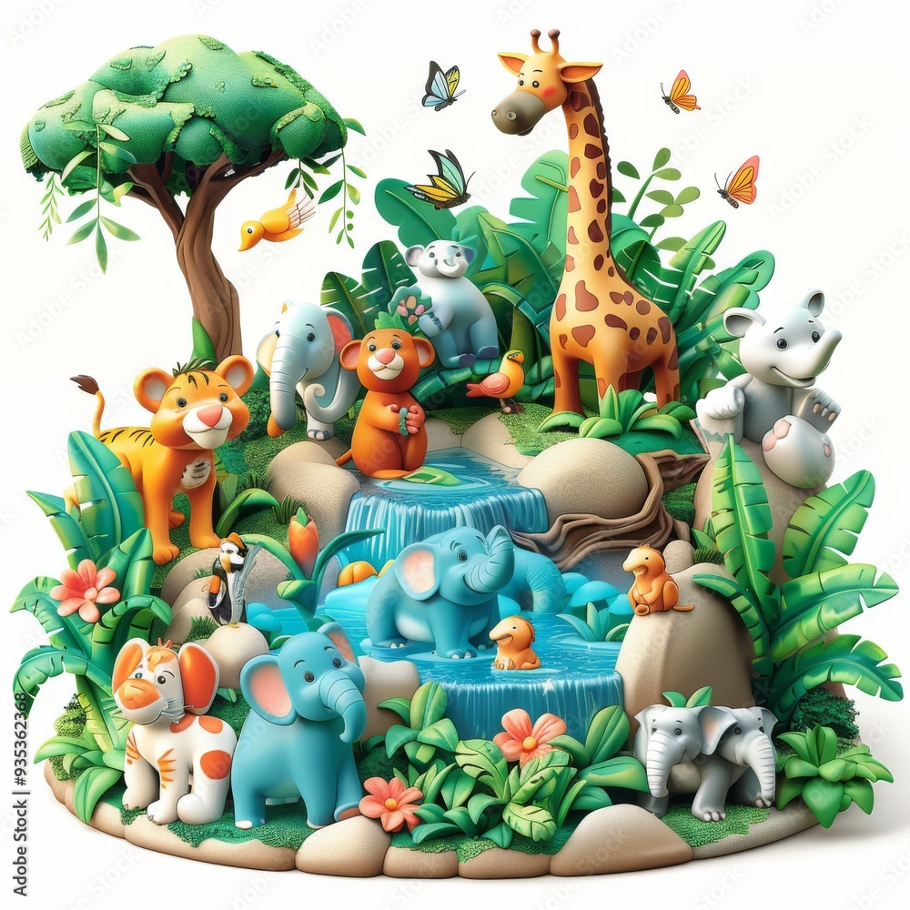 Naklejka premium Cartoon 3D wildlife conservation scene with animals in their natural habitat Isolated white background