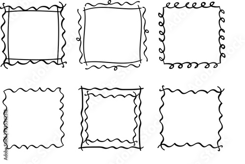 Square doodle frames ,hand-drawn monograms.Edgings and cadres with simple sketchy design elements.Isolated. Vector illustration.