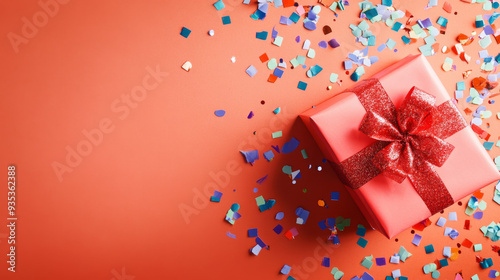 Wallpaper Mural Coral-colored background with red-ribboned gift box and colorful confetti Torontodigital.ca