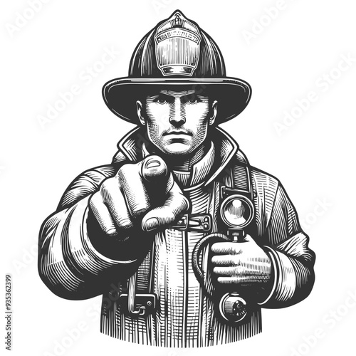 firefighter pointing directly forward, symbolizing bravery, recruitment, duty in firefighting service sketch engraving generative ai vector illustration. Scratch board imitation. Black and white image