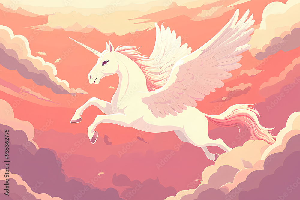 a unicorn, white clouds, unicorn flying horse, flying horse in the sky, vector, cartoon style a unicorn, white clouds, unicorn flying horse, flying horse in the sky, vector, cartoon style