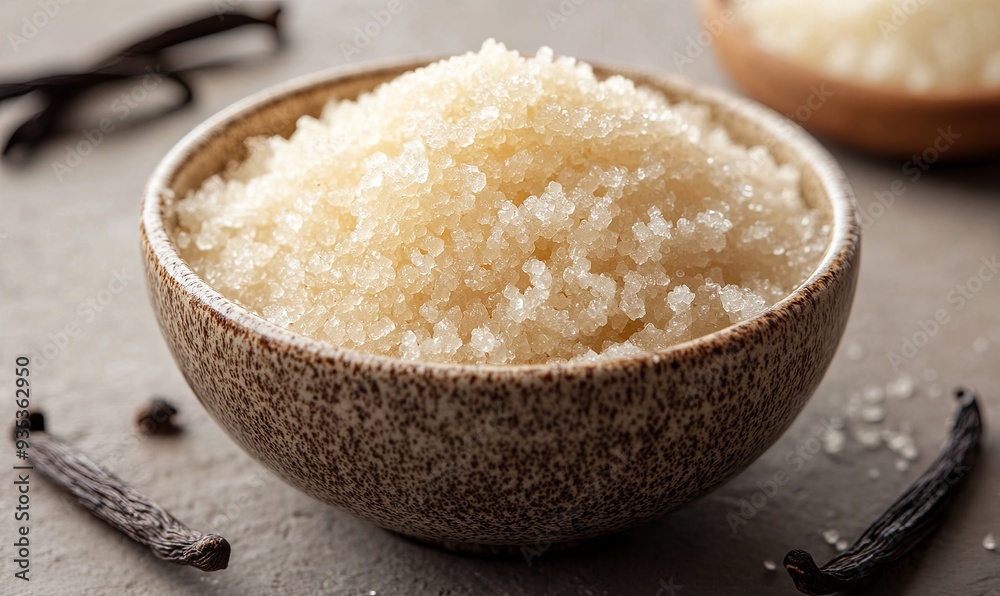 A bowl of sugar is on a table with a few vanilla beans A bowl of sugar is on a table with a few vanilla beans