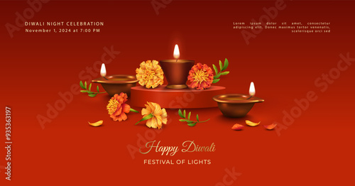 Diwali Festival Banner. Traditional Indian background with diya lamp on podium and marigold flowers