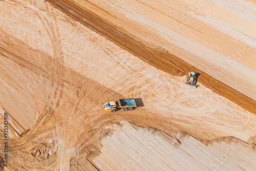 Aerial shot of earthmoving at construction site