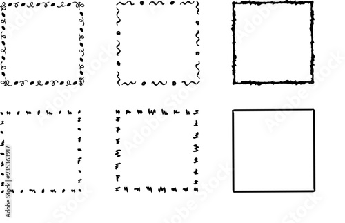 Square doodle frames ,hand-drawn monograms.Edgings and cadres with simple sketchy design elements.Isolated. Vector illustration.