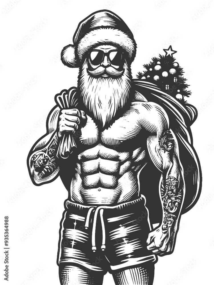 muscular athletic Santa Claus in beachwear, sunglasses, striped swim trunks, with sack of gifts sketch engraving generative ai vector illustration. Scratch board imitation. Black and white image. muscular athletic Santa Claus in beachwear, sunglasses, striped swim trunks, with sack of gifts sketch engraving generative ai vector illustration. Scratch board imitation. Black and white image.