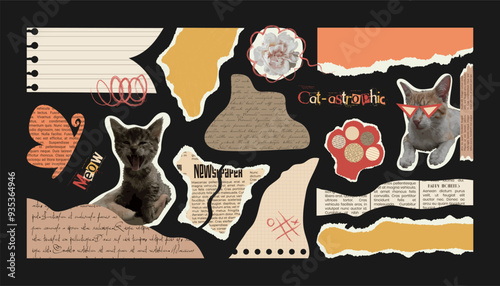 Fun Paper elements for Collage with Cat. Torn and cut shapes from note sheets, newspaper, old books, Notepad. Abstract bright and cheerful element for Scrapbook. Copybooks pages and quotes with kitten