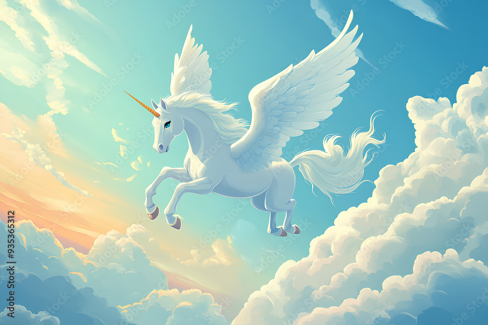 a unicorn, white clouds, unicorn flying horse, flying horse in the sky, vector, cartoon style a unicorn, white clouds, unicorn flying horse, flying horse in the sky, vector, cartoon style