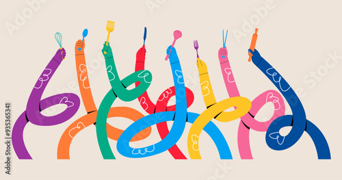 Funny long hands holding a kitchenware.Colorful vector illustration